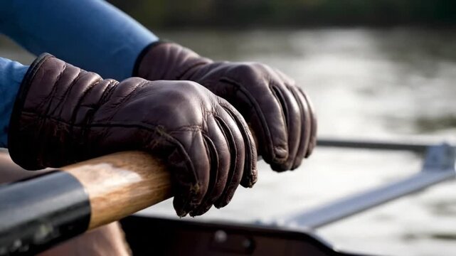 A close-up view showing a rower's gloved hands firmly gripping an oar handle, poised above the water, highlighting the focused determination and physical effort in the sport of rowing