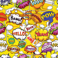 Seamless comic book page pattern with speech bubbles on yellow background. Vector illustration