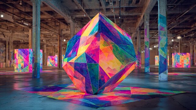 Colorful Geometric Polygons and Squares Painted on Warehouse Floor &ndash; Abstract Industrial Art Space