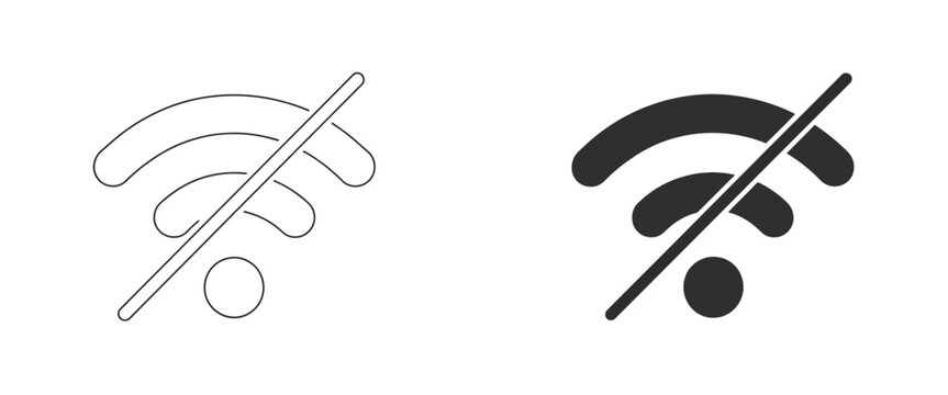 Wifi signal troubleshooting icons with crossed out internet symbols, disconnected wireless status indicators, and offline mode graphics for mobile app developers.