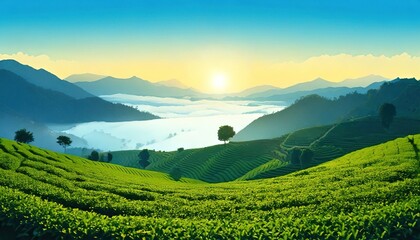 Obraz premium Rolling green hills covered in tea plants with a misty valley, under a bright sunrise