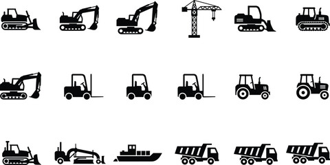 Black heavy construction machinery icons set including excavator bulldozer crane forklift tractor dump truck and grader silhouettes isolated on white background for industrial design. © Mahsina