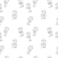 seamless repeating pattern of boys dressed as archaeologists with hats shovels and tiny fossils in playful sketch style © annang