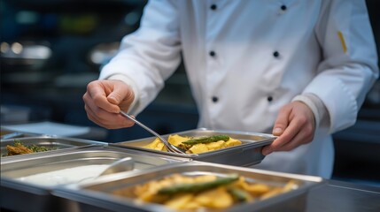 Sous chef preparing allergen free gluten free meal variations in hospital kitchen with detailed dietary restriction labels, perfect for special diets patient safety food service accommodation, and