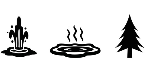 Fototapeta premium Geothermal Nature Silhouette Set: Erupting Geyser, Steaming Hot Spring, and Evergreen Tree Icons