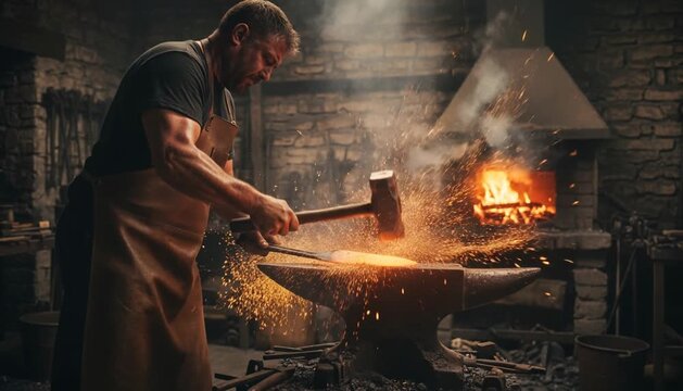 Forging a blade, crafting tradition under the glow of a blacksmith fire