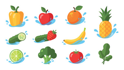 Fototapeta premium Colorful flat food design with fruits and vegetables in splash effects