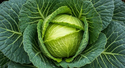 Fototapeta premium Fresh green cabbage with water droplets in a garden close-up view.