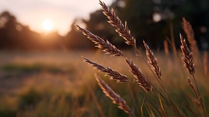 Fototapeta premium Serene golden hour sunset illuminates tall grass stalks in a tranquil meadow captured with a shallow depth of field