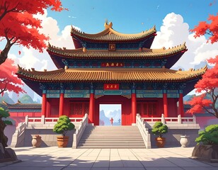 Obraz premium Majestic Chinese Temple Amidst Autumn Foliage - A Tranquil Scene.