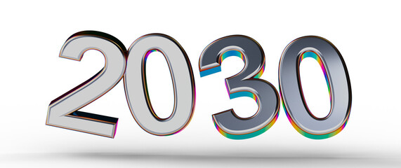 Bold metallic 2030 text in a futuristic design against a white background, symbolizing vision,...