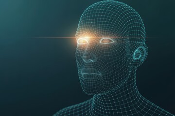 A futuristic digital human head with glowing eye on dark background