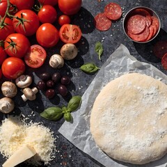 Fototapeta premium Flat Lay of Fresh Pizza Ingredients on Kitchen Table with Vegetables and Dough