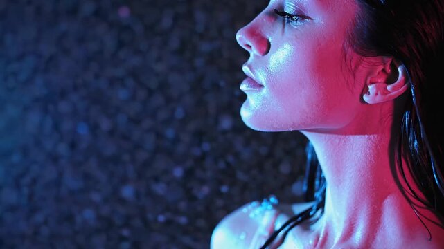 Close up woman profile neon glow. Face shows wet skin and dramatic makeup highlight. Model pose reads like portrait study with confident gaze. Color contrast creates striking beauty and soft glamour.