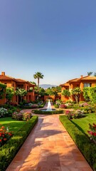 Obraz premium Picturesque Pathway Through a Luxurious Resort with Fountain and Lush Gardens.