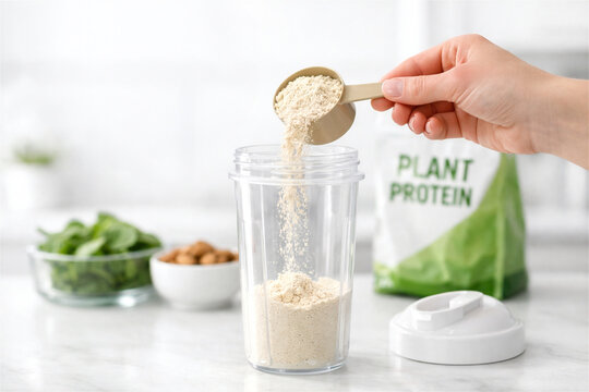 Hand pouring plant-based protein powder from a scoop into a blender cup preparing a vegan protein shake for fitness nutrition muscle recovery and smoothie preparation in a bright kitchen setting
