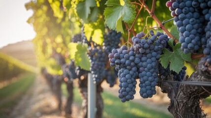 Fototapeta premium Lush purple grapes hanging from vine in vineyard at sunset with green leaves