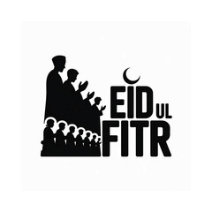 Silhouette of a muslim family celebrating eid ul fitr with crescent moon
