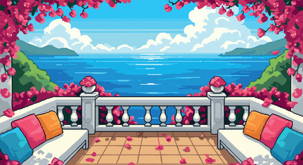 Fototapeta premium Serene ocean view terrace with bougainvillea in pixel art style