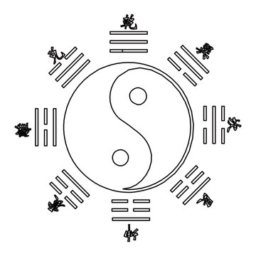 Traditional Bagua eight trigrams diagram with Five Elements symbols, ornate Chinese Feng Shui vector illustration. Five Elements symbols (metal, wood, water, fire, earth) 