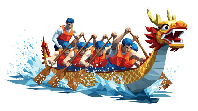Low poly dragon boat racing team in action on water