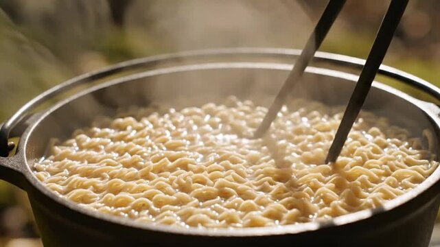 Close-up of hot instant ramen noodles cooking in a steaming pot with chopsticks, representing quick and easy meal preparation, delicious Asian cuisine, comfort food, and fast food solutions.
