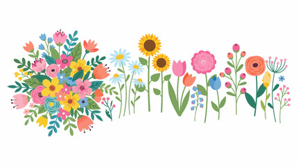 Colorful bouquet and garden flowers illustration featuring sunflowers and bright blossoms in a watercolor style