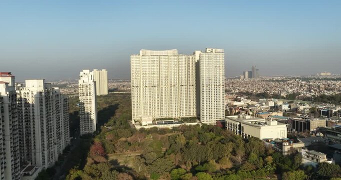 Drone view of DLF luxury spartment building in moti nagar west delhi, 4k footage 