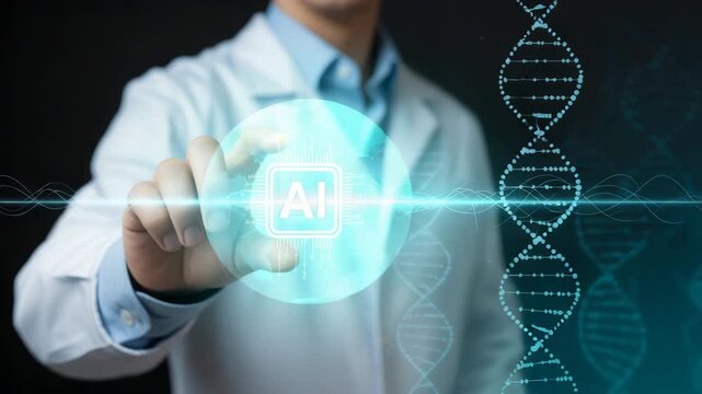 Scientist in lab coat touching glowing AI icon, symbolizing artificial intelligence in medical research, biotechnology, and genetic engineering with DNA helix background