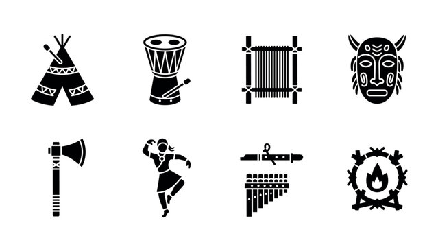 Indigenous cultural symbols set: drums, dance, and traditional icons in silhouette style