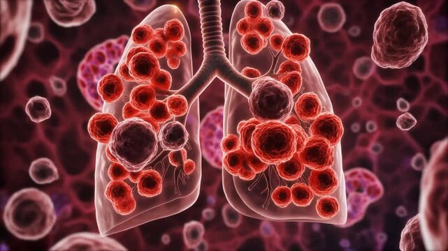 Detailed 3D rendering of lungs affected by infection viewed from the front with visible red blood cells and microorganisms