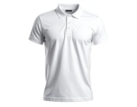 Crisp white short-sleeved polo shirt, clean, classic, studio shot