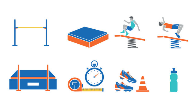 Dynamic sports equipment and high jump training elements in flat design