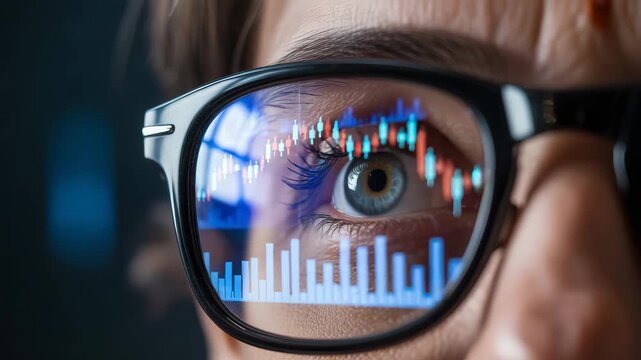 Close-up of a person's eye reflecting a digital stock market chart with blue and red graphs, symbolizing financial data analysis and investment strategy