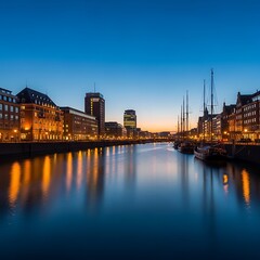 Obraz premium City skyline with canal and sailboats at twilight.