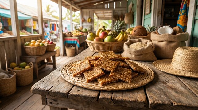 A rustic wooden table displays a plate of bahamian benny cake and various fruits at an outdoor market.