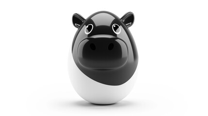 Glossy 3D rendered black and white cow tumbler toy with minimalist design, rounded shape on white background, Easter egg shape style