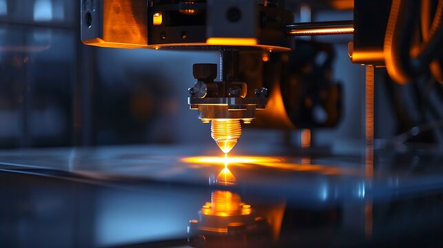 Advanced 3D printer creating a metallic object with focused light