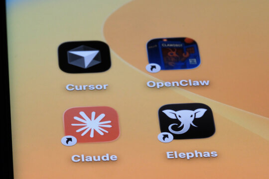 Shanghai,China-March 8th 2026: Cursor, OpenClaw, Claude, Elephas app icons. AI agent software