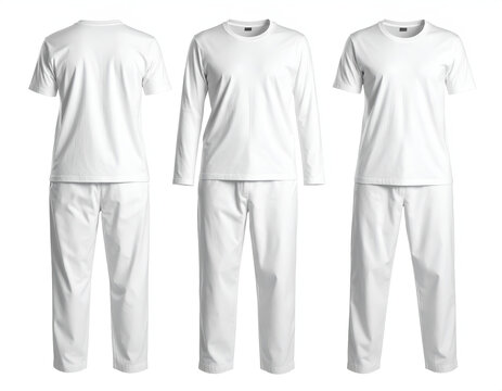 Three white t-shirt and pajama pant sets, isolated on white