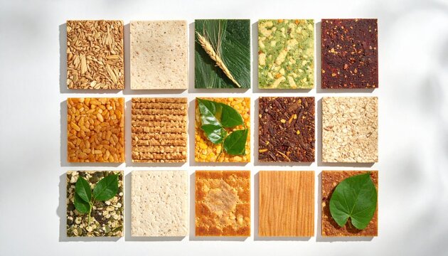 Array of diverse biodegradable plant-based packaging materials showcasing natural ingredients and textures