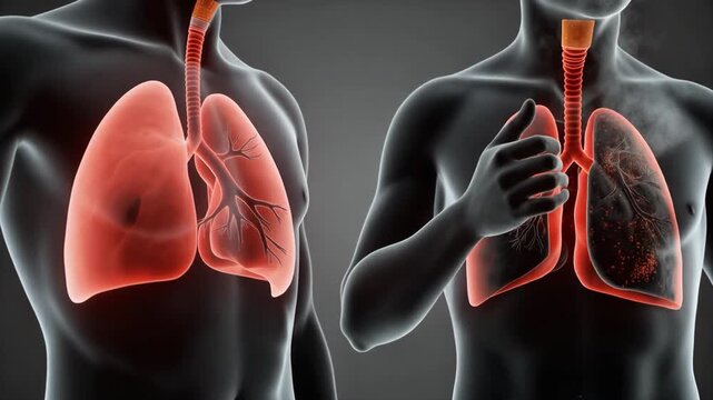 Human torso illustration showing lungs anatomy from front and side views on gray gradient background