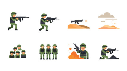 Obraz premium Military action pack: flat cartoon icons of soldiers and combat scenes