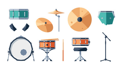 Flat music percussion set with drums, cymbals, and microphone in minimalist style