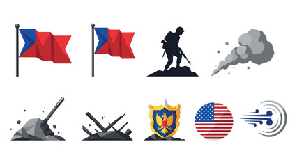 Obraz premium Military icon set: flat design symbols of flags, soldiers, and warfare elements