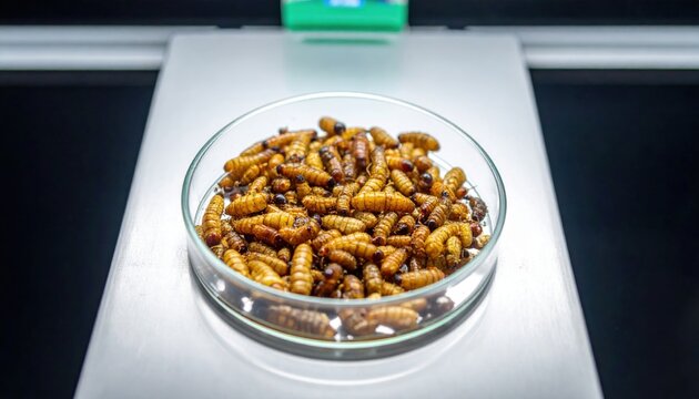 Close up on a petri dish filled with numerous cultured insect larvae, ready for scientific study.