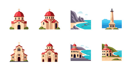 Obraz premium Coastal architecture and landscapes featuring churches and lighthouses in flat style