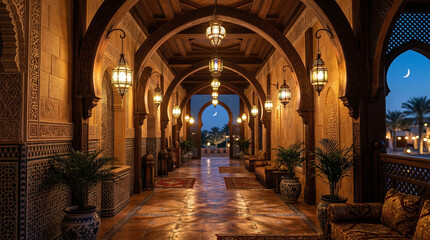 Fototapeta premium Ornate Arabian-style hallway illuminated by warm lanterns under a moonlit sky, showcasing intricate architecture and a serene, luxurious atmosphere