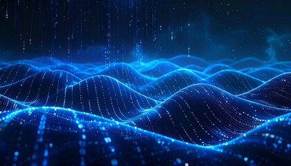Obraz premium Abstract Blue Digital Landscape with Data Stream for Futuristic Technologies and Innovation Concepts.