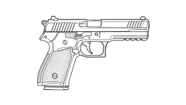 Detailed linear drawing of a handgun side view for design projects